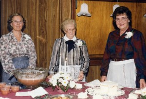 Rachel Buxton, Gerry Reppart, and Alma Jones serving a wedding reception in 1986