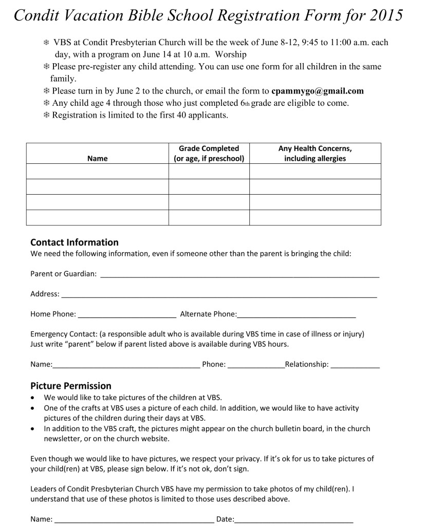 Condit Vacation Bible School Registration Form for 2015d