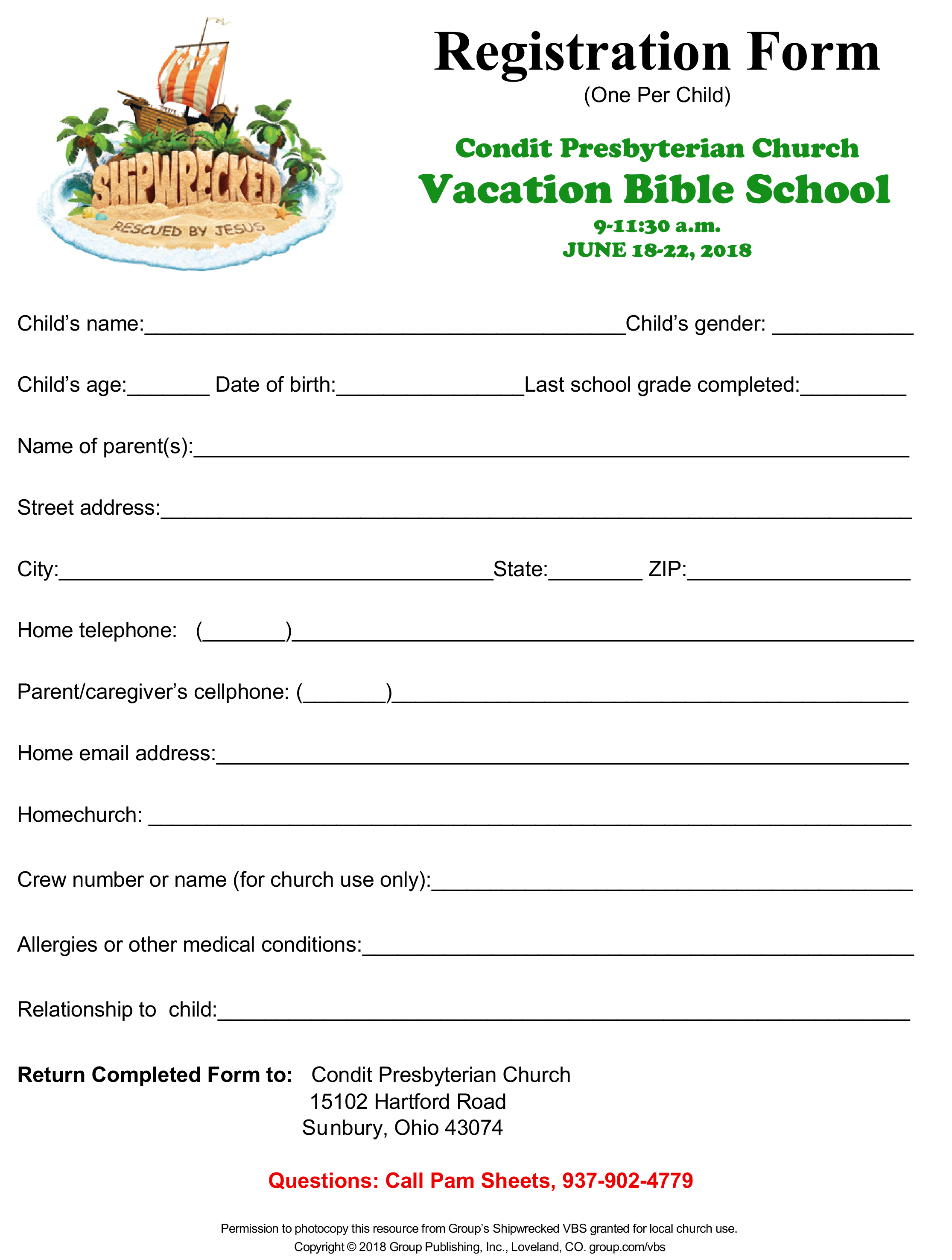 VBS Registration Form Condit Presbyterian Church Sunbury, OH